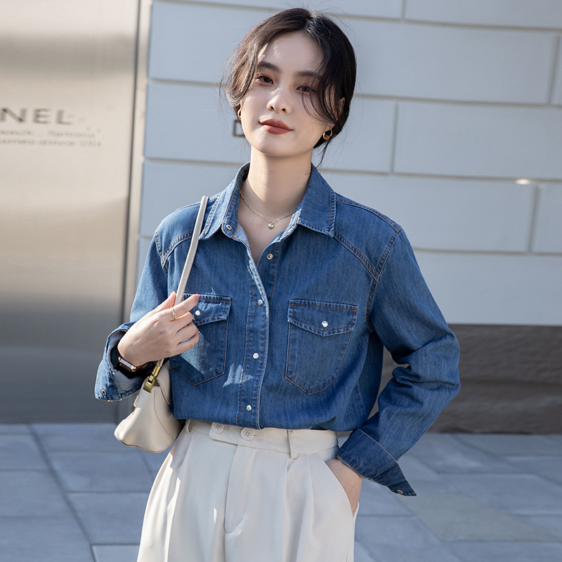 Denim lapel shirt blue spring and autumn coat for women
