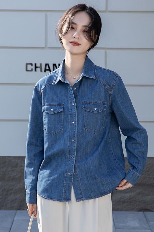 Denim lapel shirt blue spring and autumn coat for women
