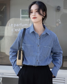 Spring and autumn stripe shirt denim retro tops for women