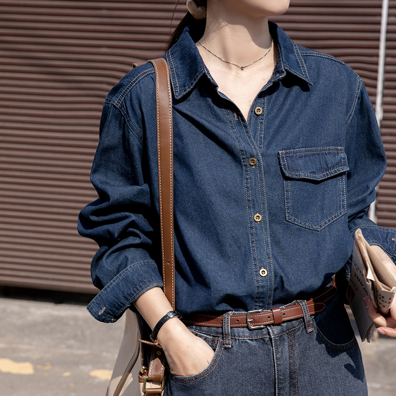 Denim blue shirt spring retro tops for women