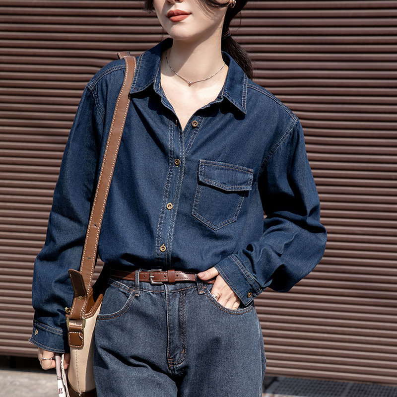 Denim blue shirt spring retro tops for women