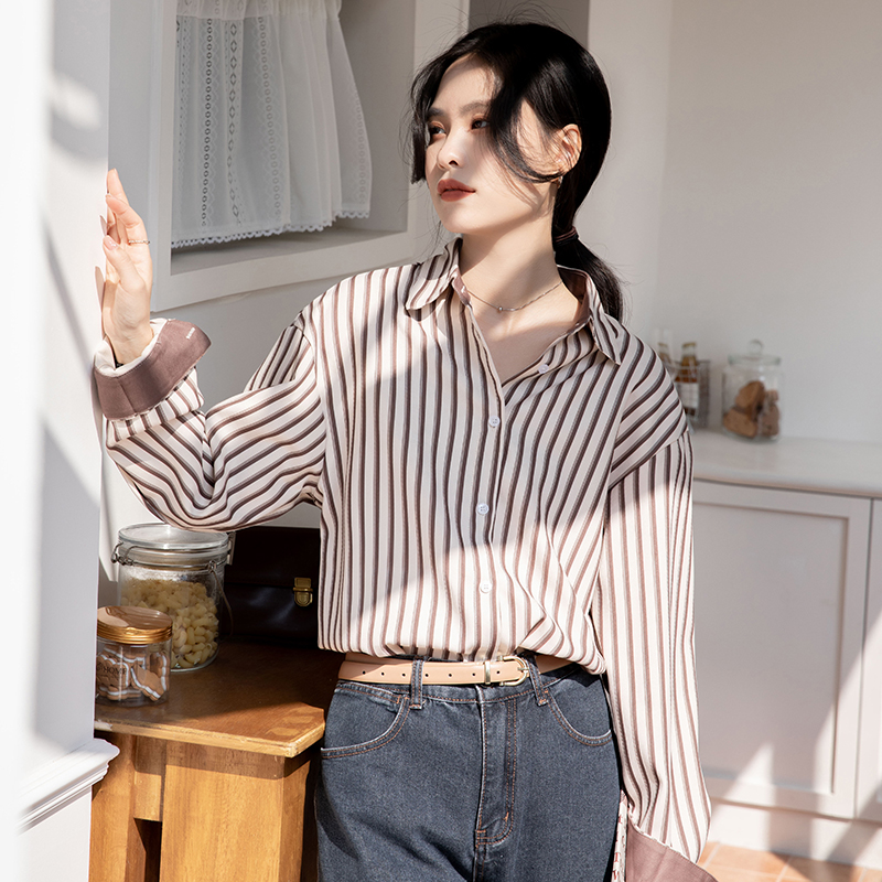 Spring long sleeve tops stripe shirt for women