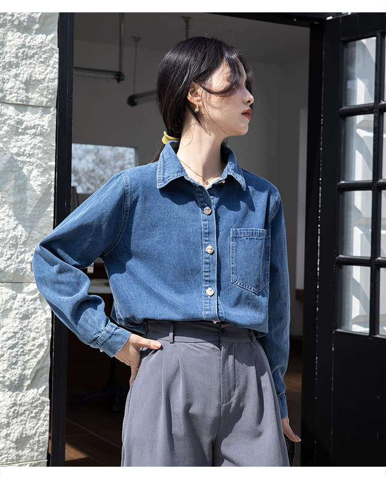 Long sleeve loose coat denim blue shirt for women