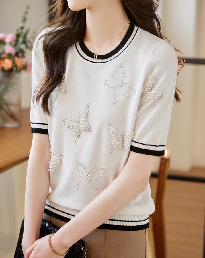 Beading fashion short sleeve Casual knitted ice silk summer tops