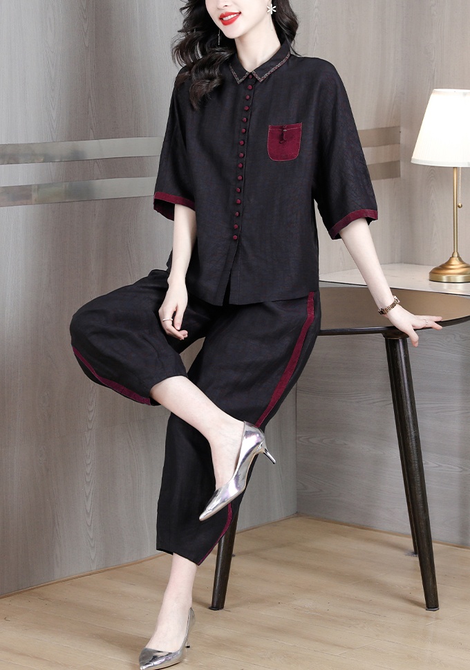 Real silk tops spring and summer long pants 2pcs set for women