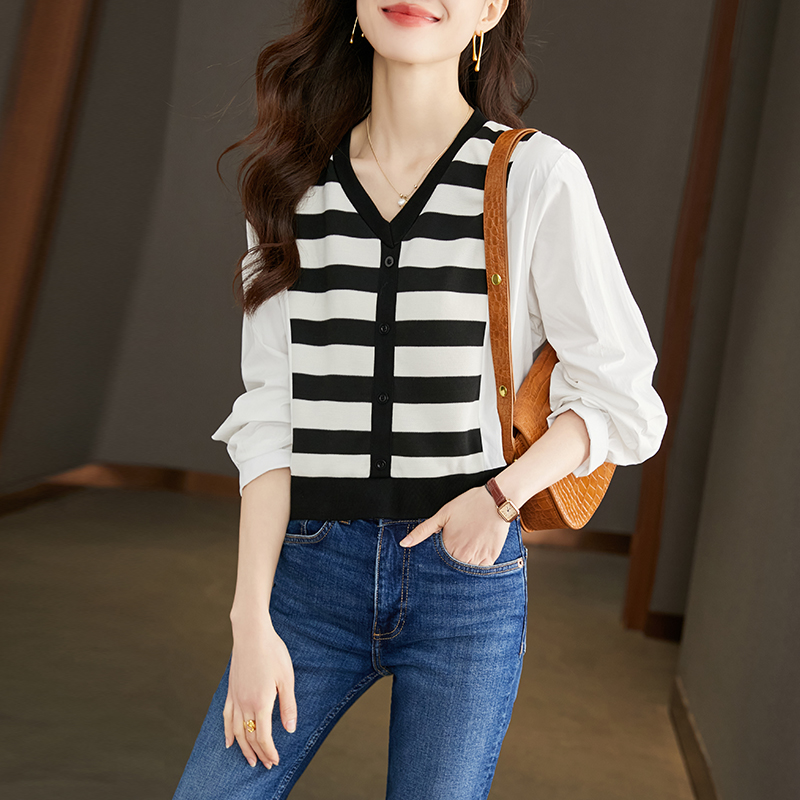 Spring stripe shirt Pseudo-two loose tops for women