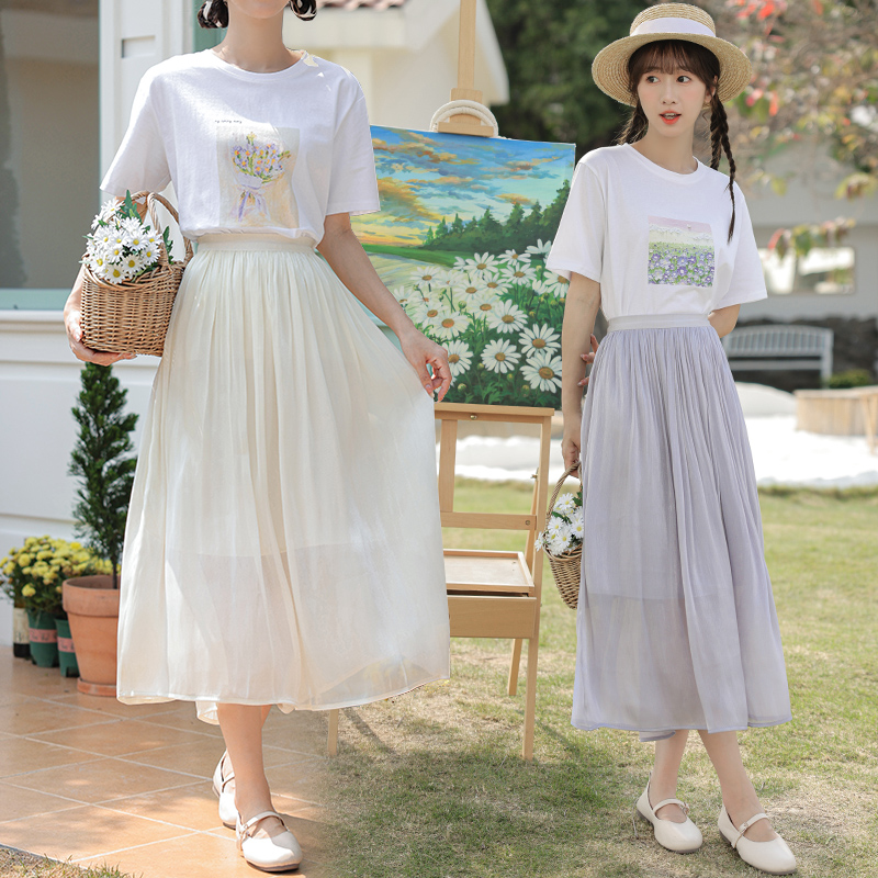 Short sleeve fashion loose sweet printing skirt 2pcs set