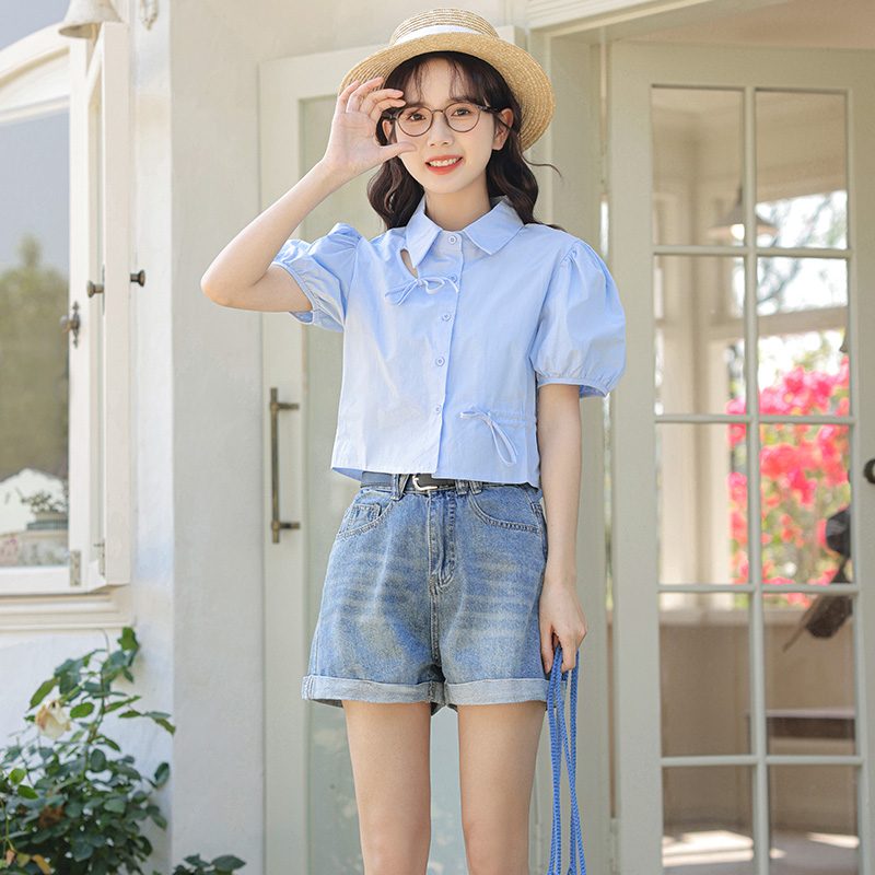 All-match slim simple crimping blue Casual short jeans