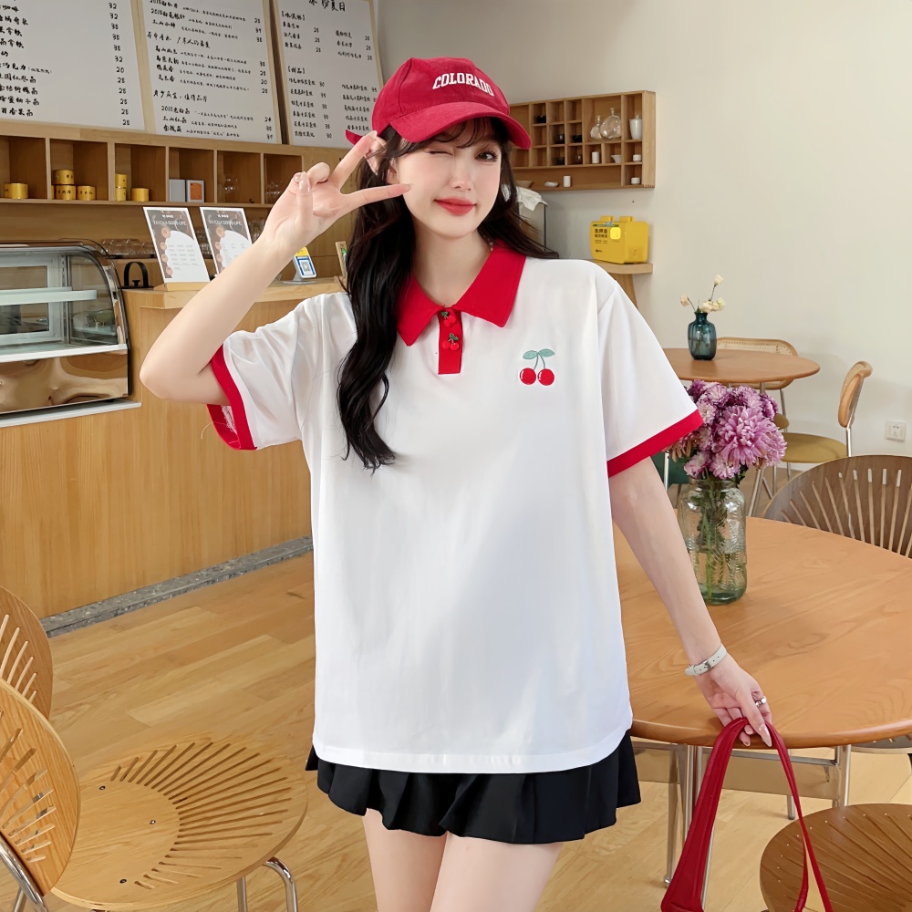 Summer cherry tops short sleeve embroidered T-shirt