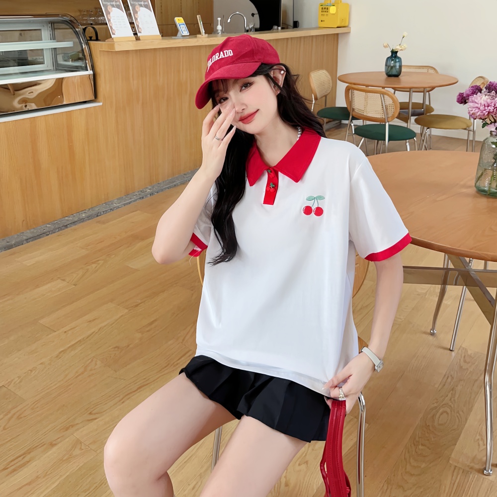 Summer cherry tops short sleeve embroidered T-shirt