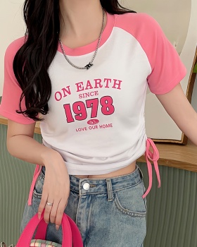 Sweet student round neck tops tight slim T-shirt for women