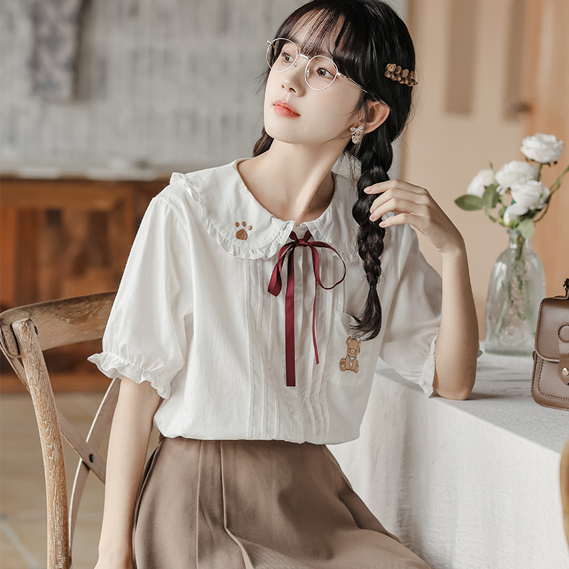 Embroidery doll collar sweet frenum bow shirt for women