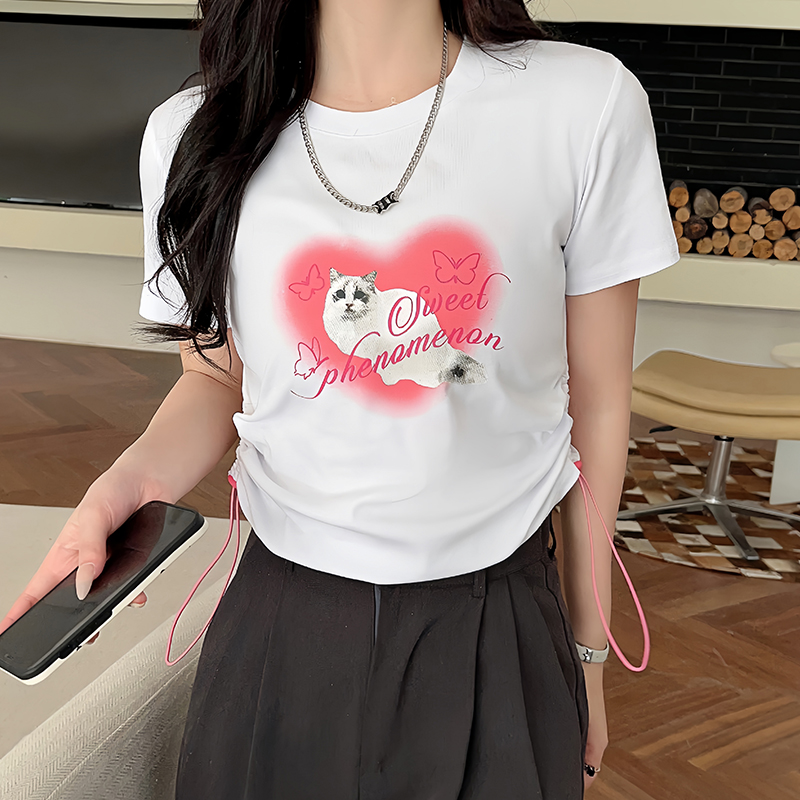 Simple short round neck drawstring printing tops for women