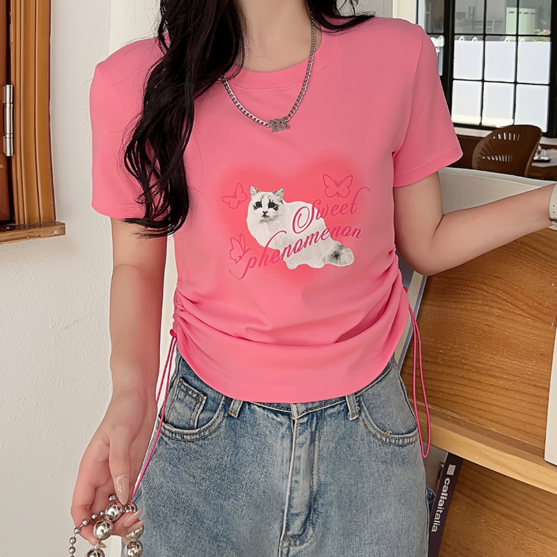 Simple short round neck drawstring printing tops for women