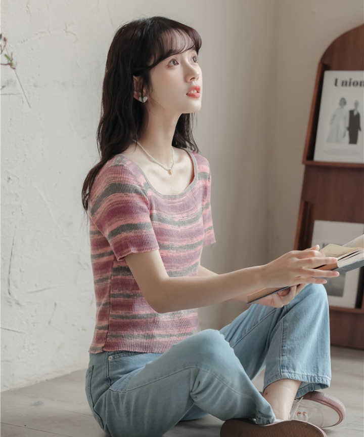 Mixed colors square collar stripe Western style summer T-shirt