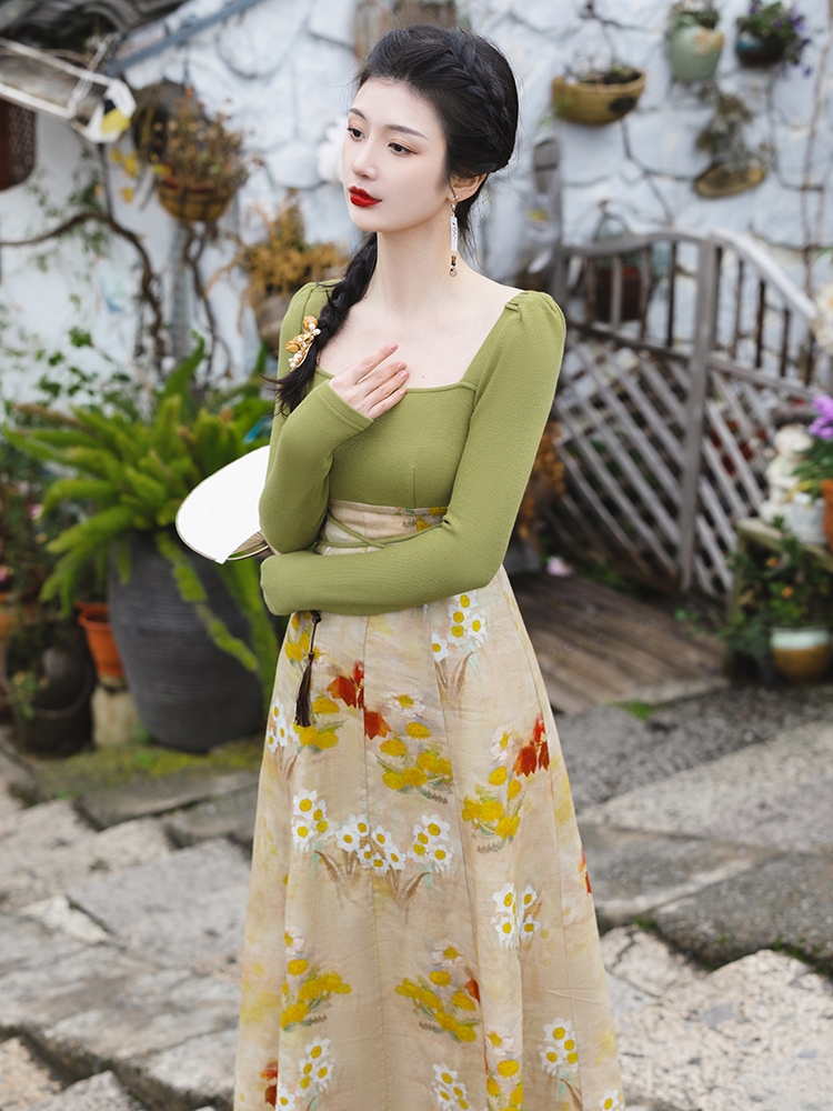 Colors splice spring long Chinese style dress
