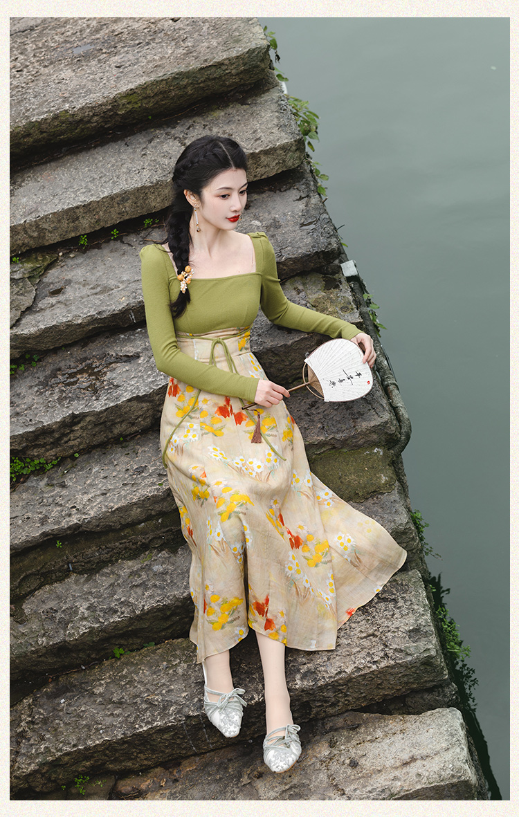 Colors splice spring long Chinese style dress