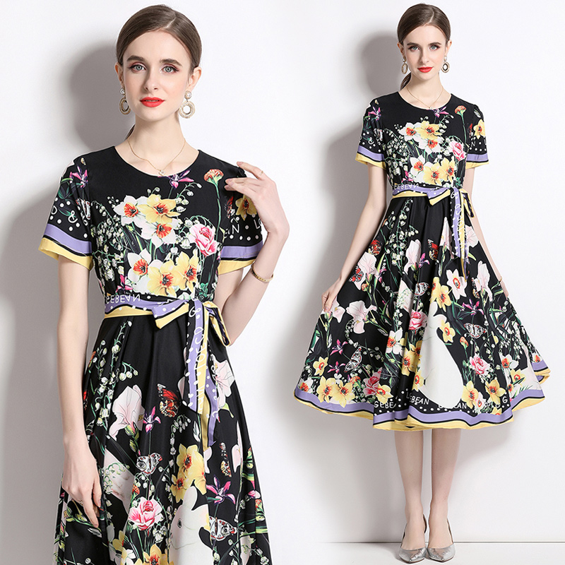 Sweet style pullover long dress flowers short sleeve dress