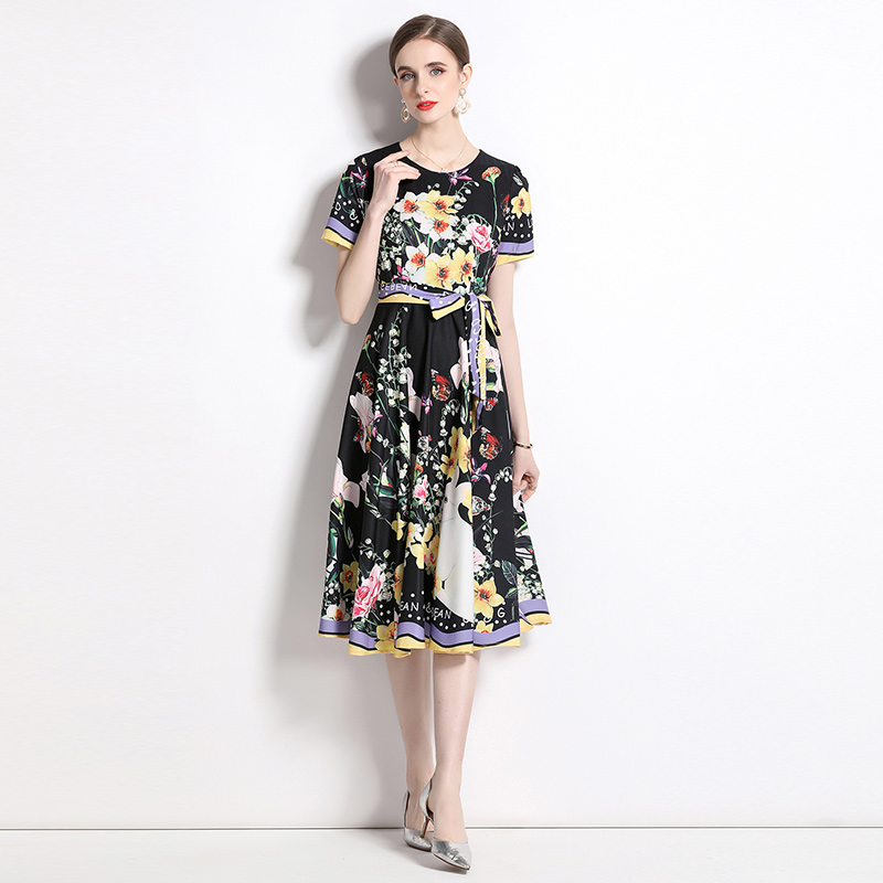 Sweet style pullover long dress flowers short sleeve dress