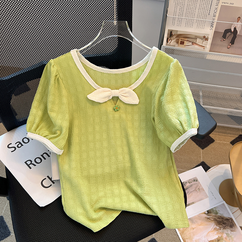 Bow apple-green tops summer retro T-shirt for women