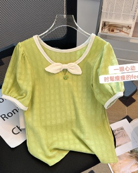Bow apple-green tops summer retro T-shirt for women