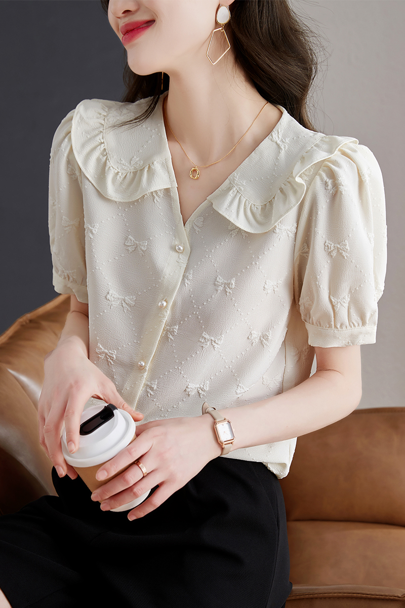 Korean style short sleeve chiffon shirt bow summer shirt for women