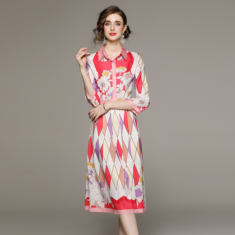 All-match printing fashion pinched waist slim dress