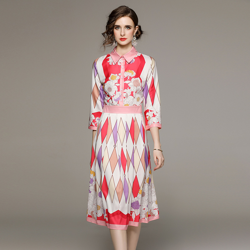 All-match printing fashion pinched waist slim dress