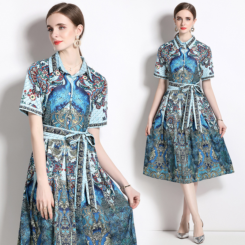 Printing fashion all-match European style pinched waist dress