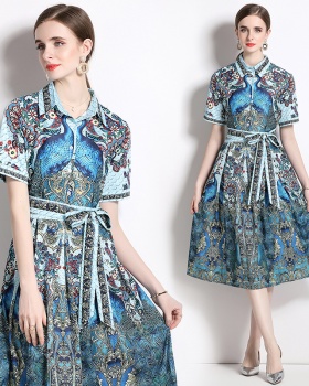 Printing fashion all-match European style pinched waist dress
