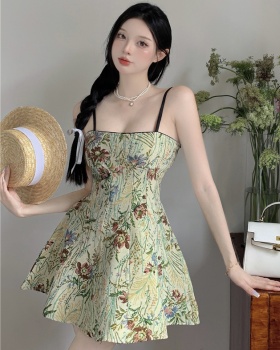 Slim pinched waist retro France style summer dress for women