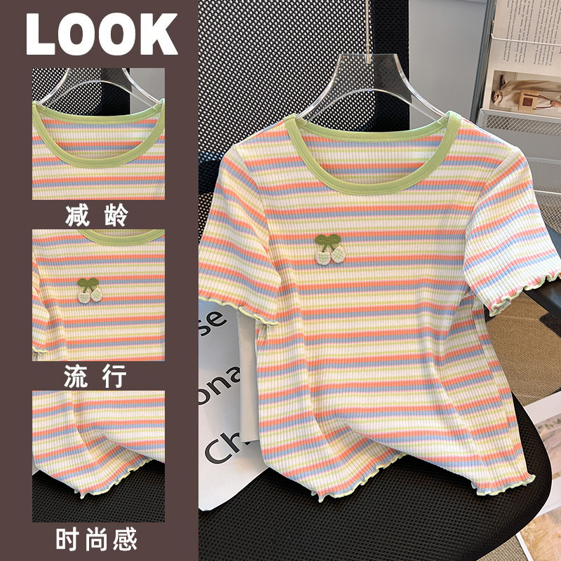 Summer round neck T-shirt stripe tops for women