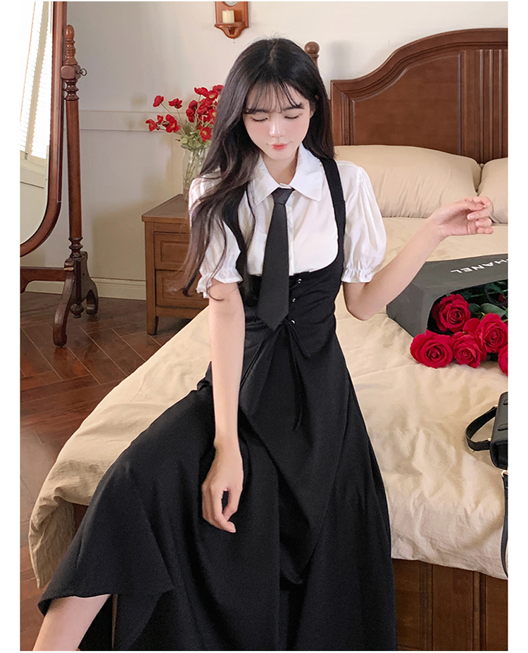 Korean style college style strap dress white shirt 2pcs set