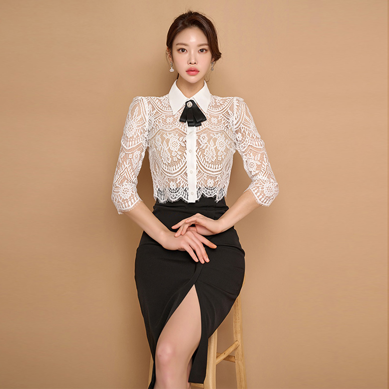 Lapel high waist slim skirt slit lace Korean style tops 2pcs set