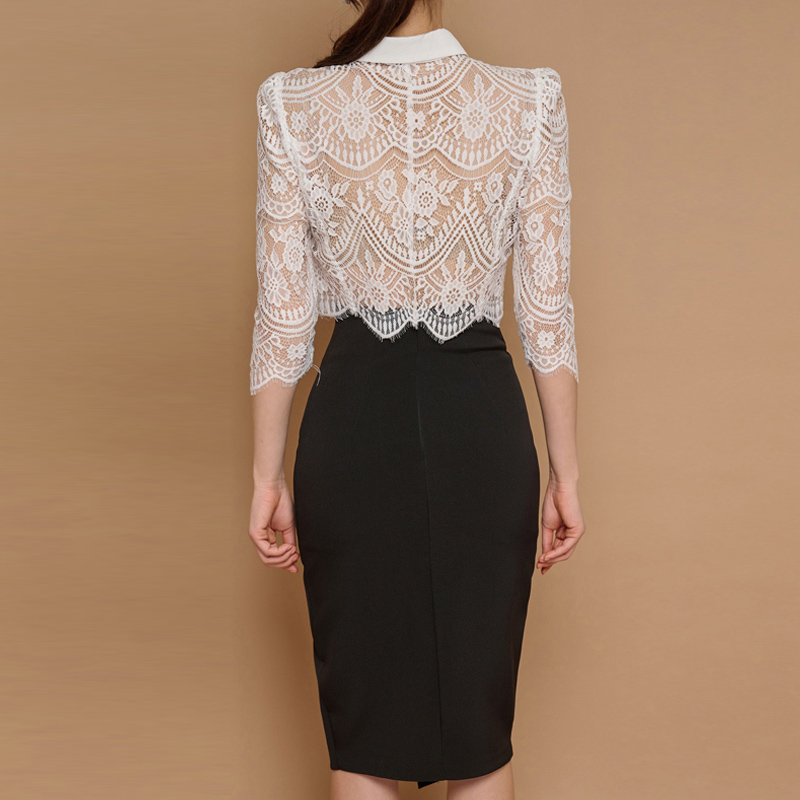 Lapel high waist slim skirt slit lace Korean style tops 2pcs set