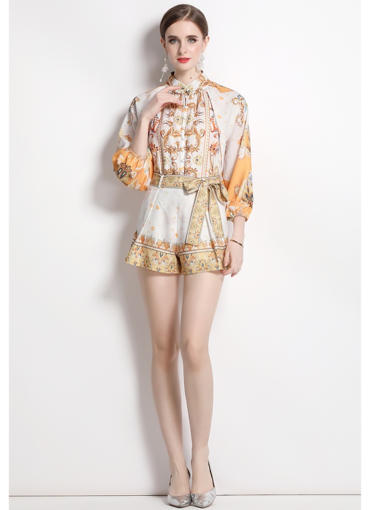 Loose with belt shirt printing puff sleeve shorts a set
