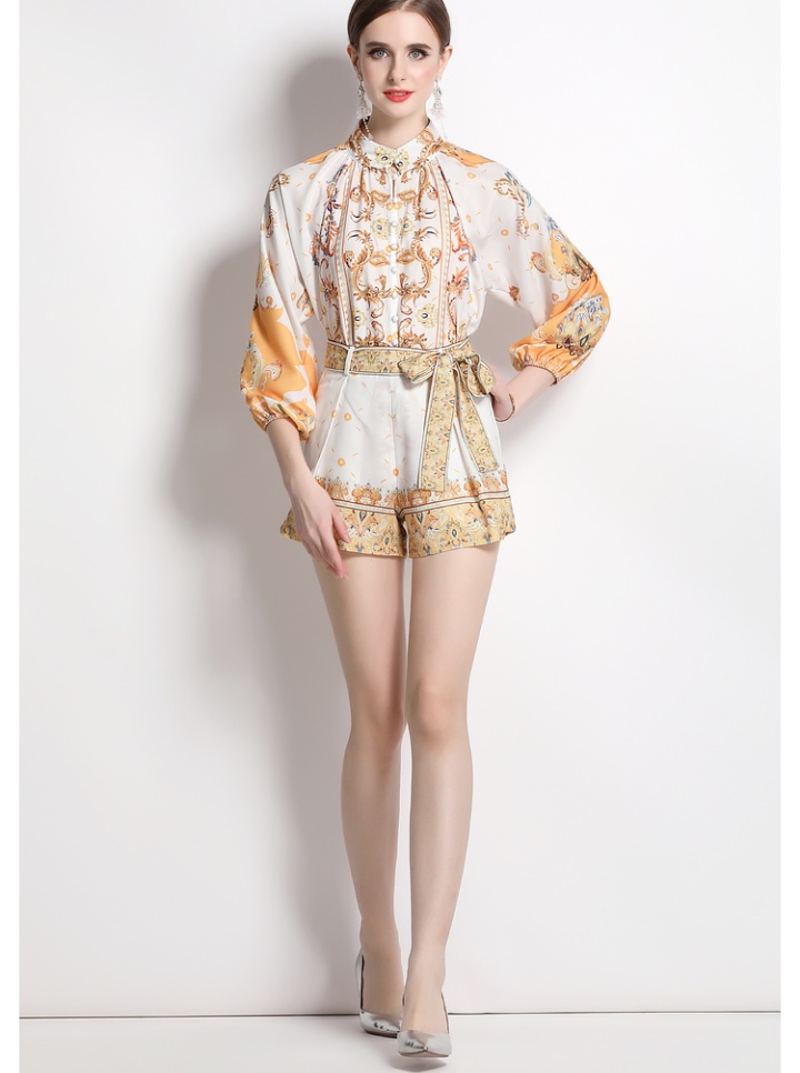 Loose with belt shirt printing puff sleeve shorts a set