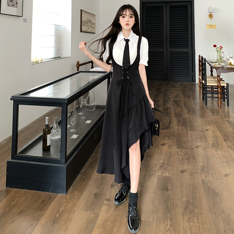 Korean style black shirt large yard strap dress 2pcs set