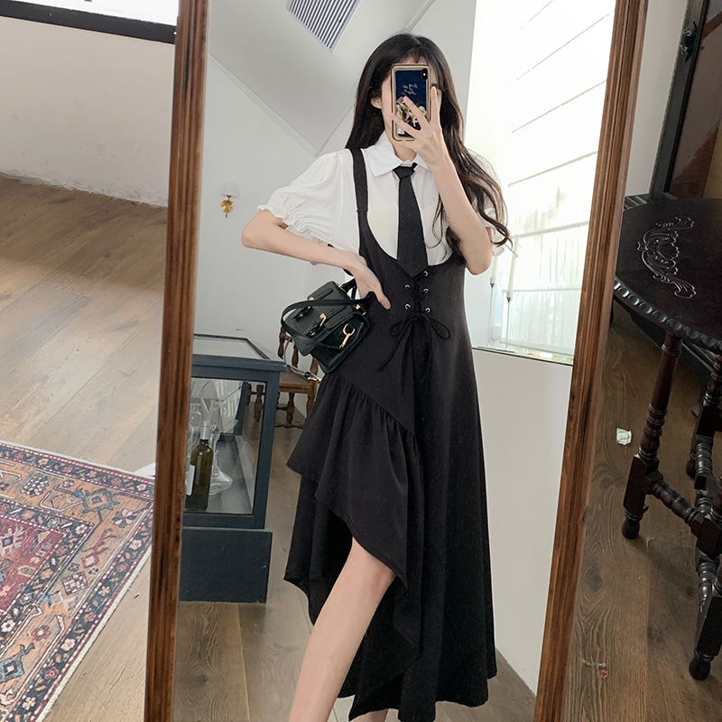 Korean style black shirt large yard strap dress 2pcs set