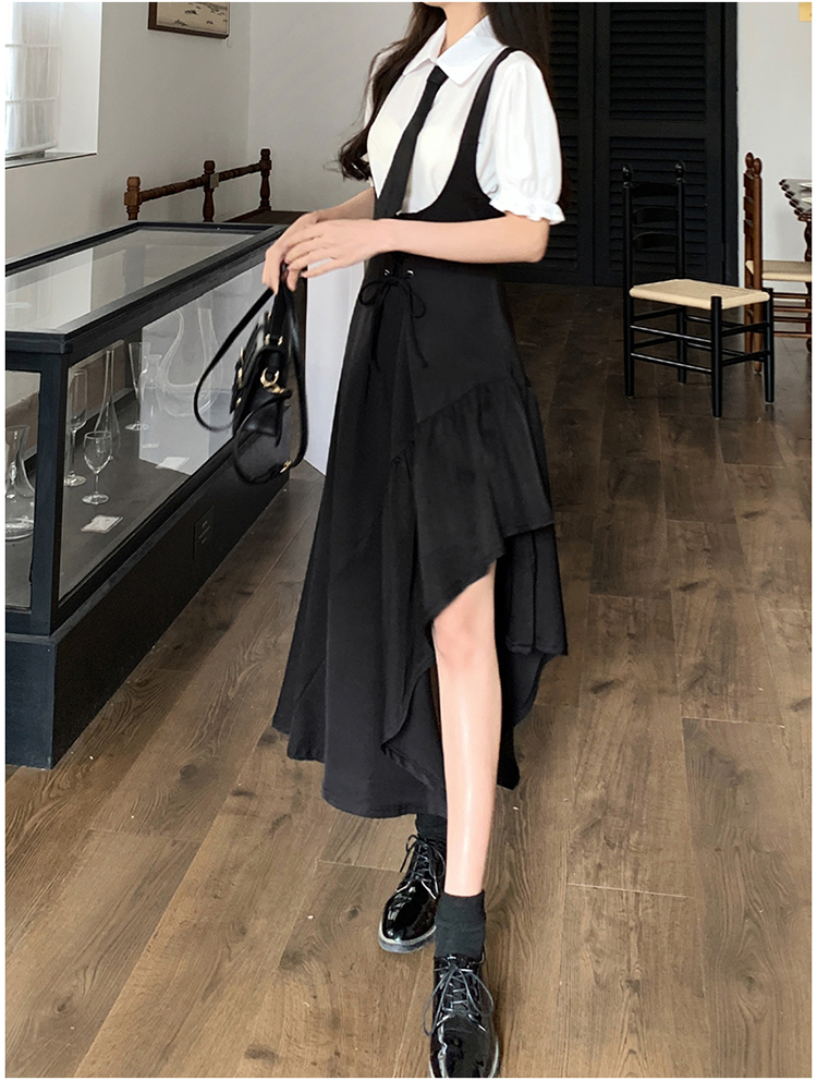 Korean style black shirt large yard strap dress 2pcs set