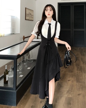 Korean style black shirt large yard strap dress 2pcs set