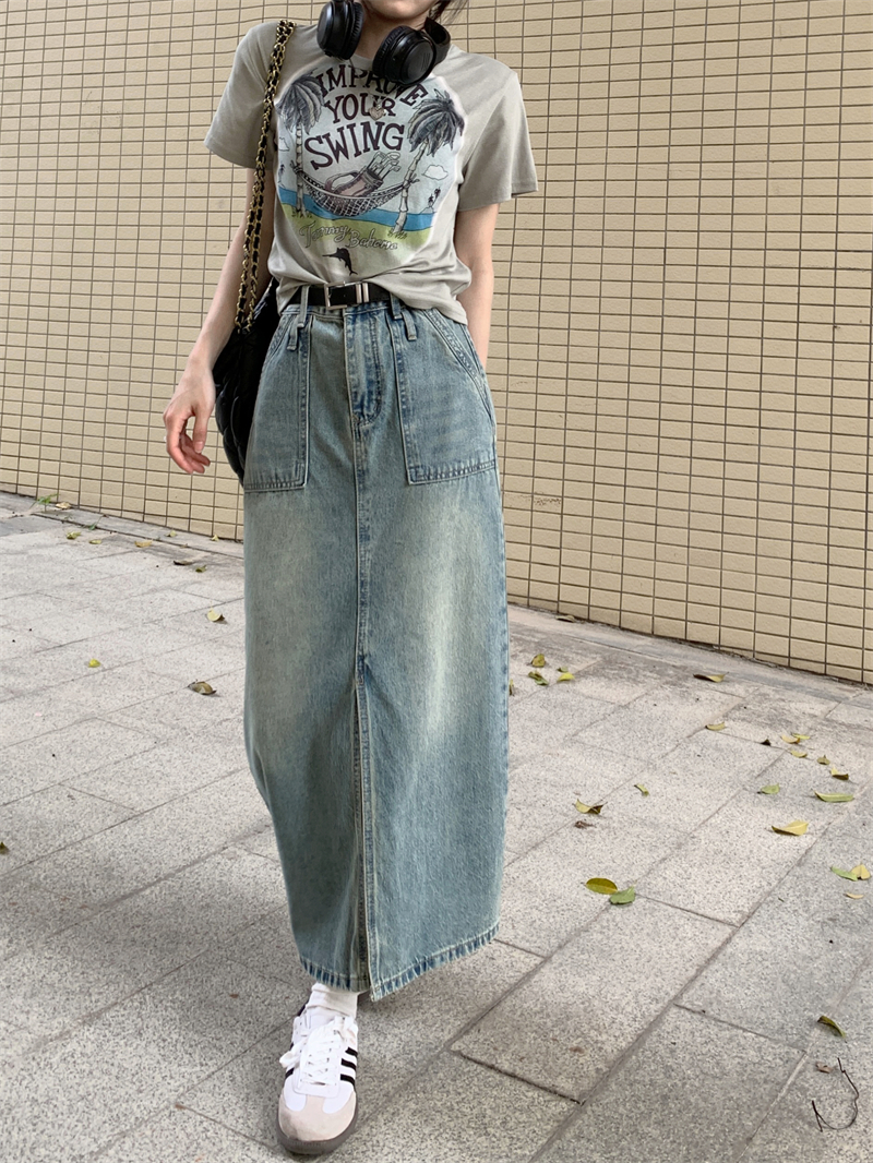 Denim split retro summer long skirt