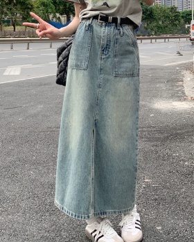 Denim split retro summer long skirt