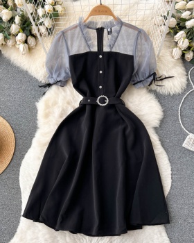 Retro pinched waist V-neck gauze dress for women