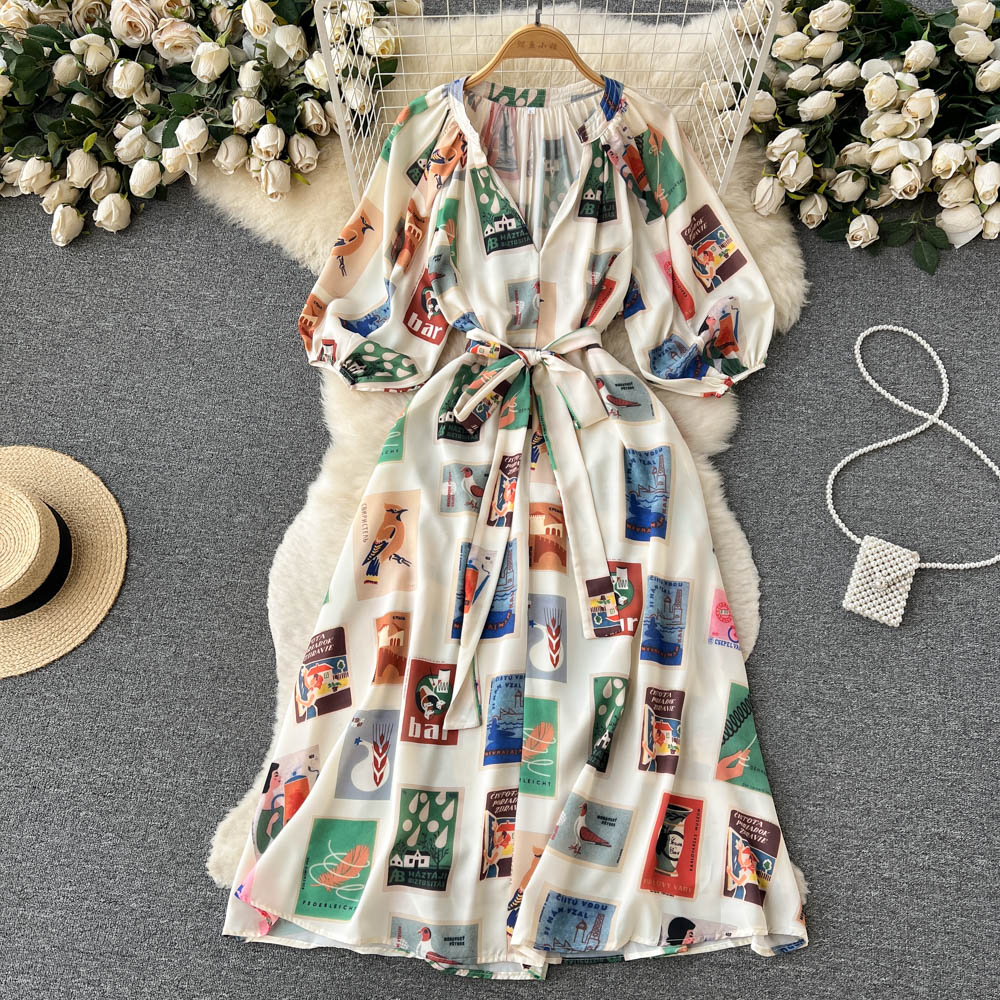 Printing France style long dress spring dress for women