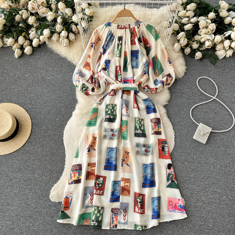Printing France style long dress spring dress for women