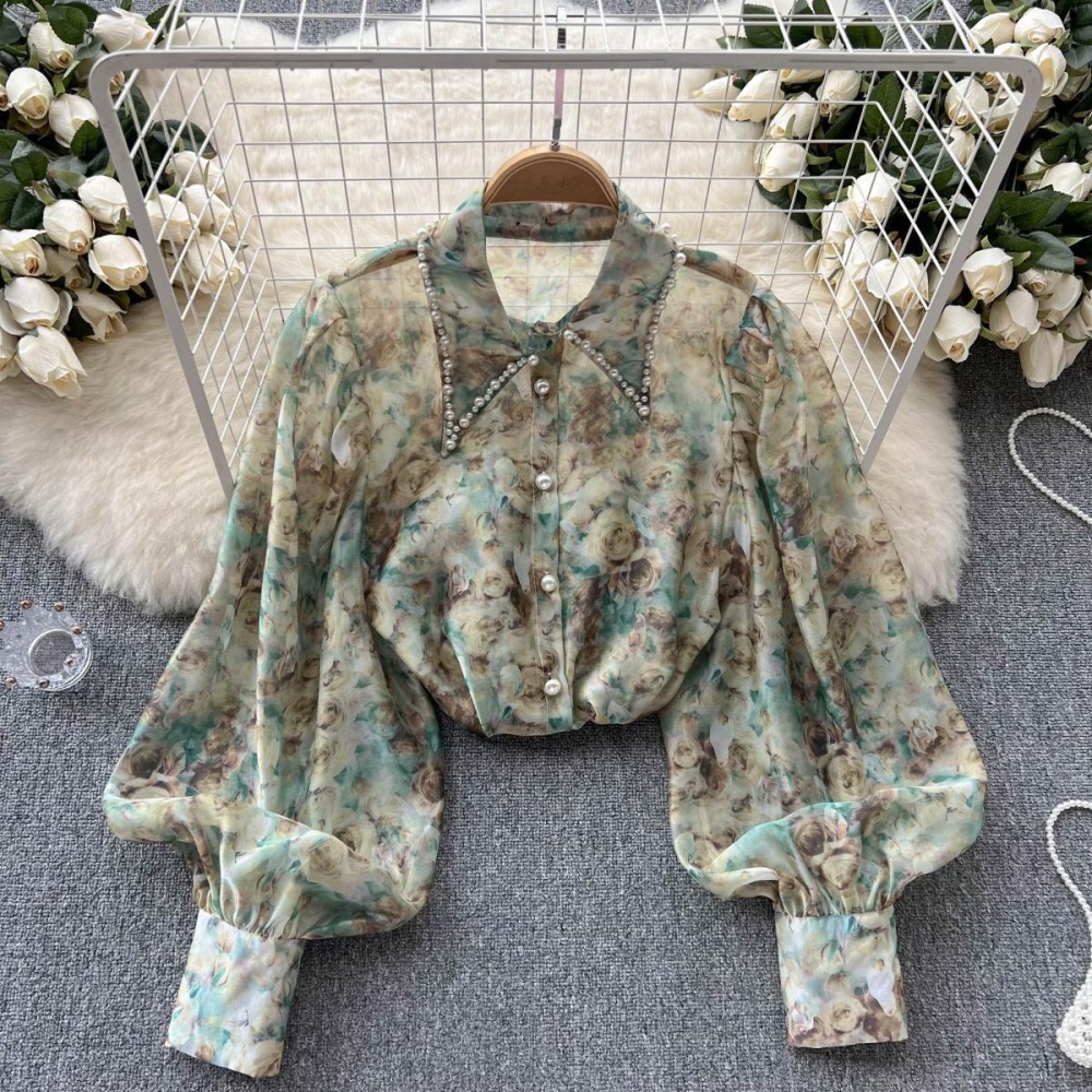 Retro chiffon thin loose puff sleeve floral shirt for women