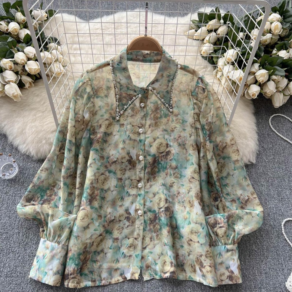 Retro chiffon thin loose puff sleeve floral shirt for women