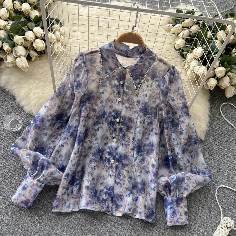 Retro chiffon thin loose puff sleeve floral shirt for women