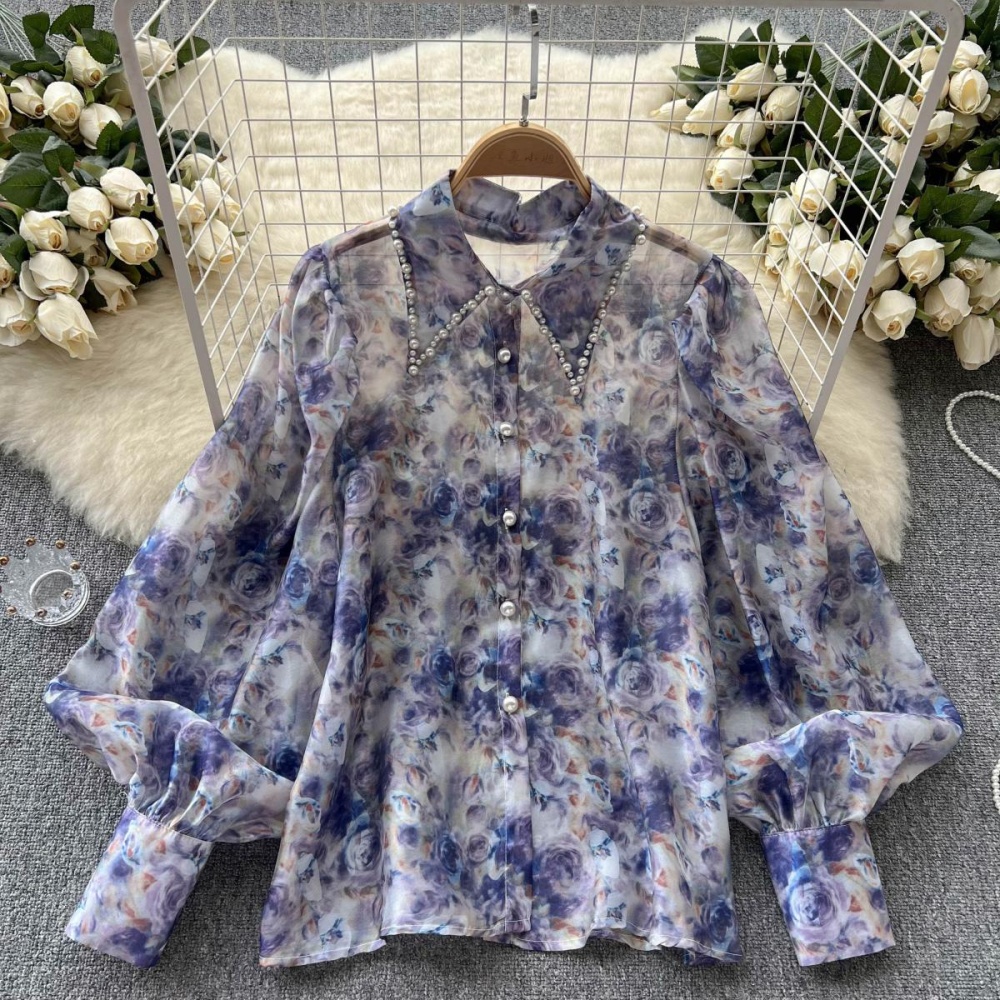 Retro chiffon thin loose puff sleeve floral shirt for women